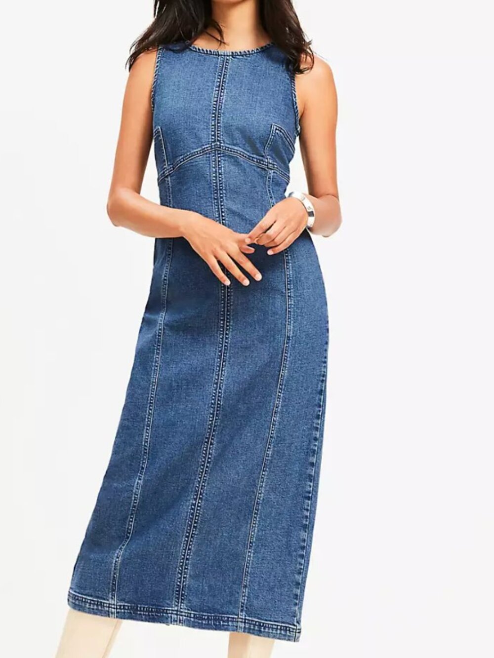 LOFT Seamed Denim Midi Dress in Classic Mid Wash Blue, US 6
